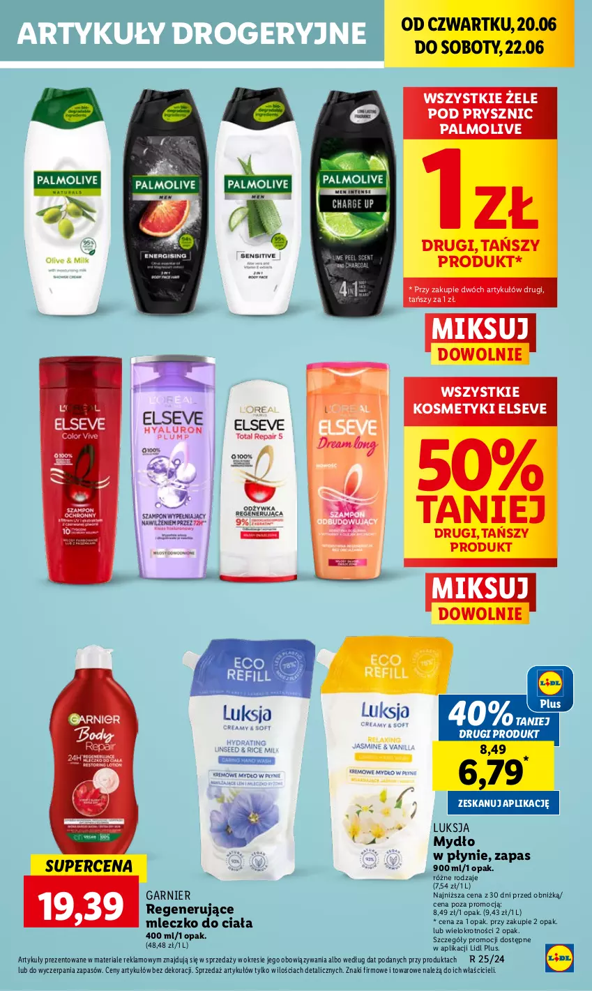 Gazetka promocyjna Lidl - GAZETKA - ważna 20.06 do 22.06.2024 - strona 55 - produkty: Elseve, Garnier, Luksja, Mleczko, Mleczko do ciała, Mydło, Mydło w płynie, Palmolive