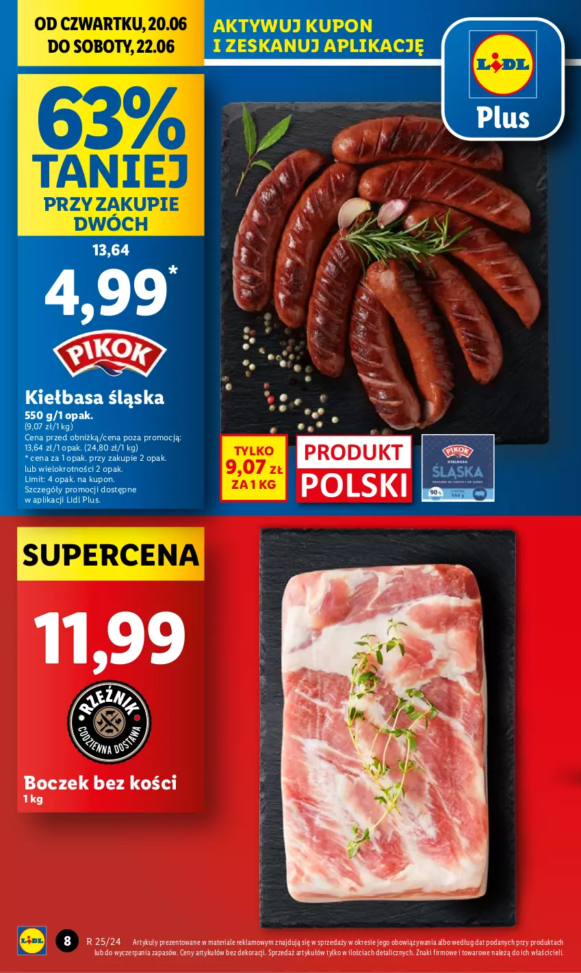 Gazetka promocyjna Lidl - GAZETKA - ważna 20.06 do 22.06.2024 - strona 8 - produkty: Boczek, Boczek bez kości, Kiełbasa, Kiełbasa śląska