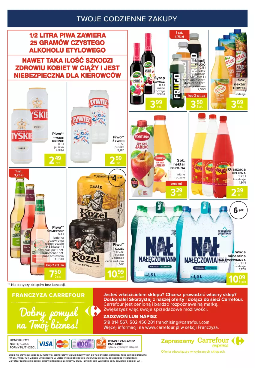 Gazetka promocyjna Carrefour - Gazetka Express - ważna 25.01 do 01.02.2021 - strona 6 - produkty: Fortuna, Gra, Hellena, Hortex, Kosz, Kozel, Nałęczowianka, Napój, Nektar, Oranżada, Piec, Piwa, Piwo, Sok, Somersby, Stek, Syrop, Tyskie, Woda, Woda mineralna