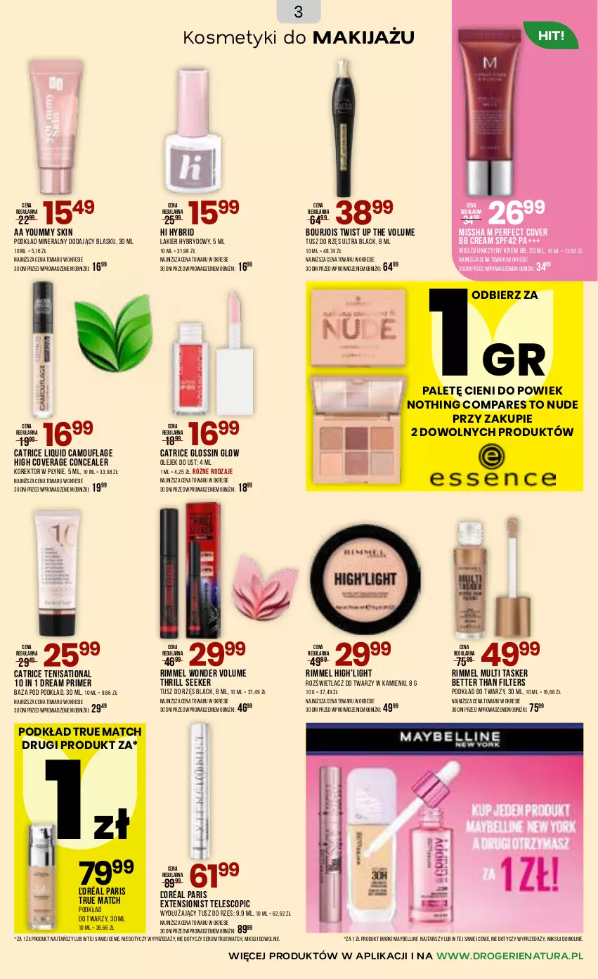 Gazetka promocyjna Drogerie Natura - Gazetka Drogerie Natura - ważna 05.03 do 17.03.2026 - strona 3 - produkty: Bell, Bourjois, Catrice, Krem bb, Lack, Lakier, Lakier hybrydowy, Makijaż, Maybelline, MISSHA, Olej, Podkład, Podkład do twarzy, Rozświetlacz, Rum, Sati, Ser, Serum, Tusz