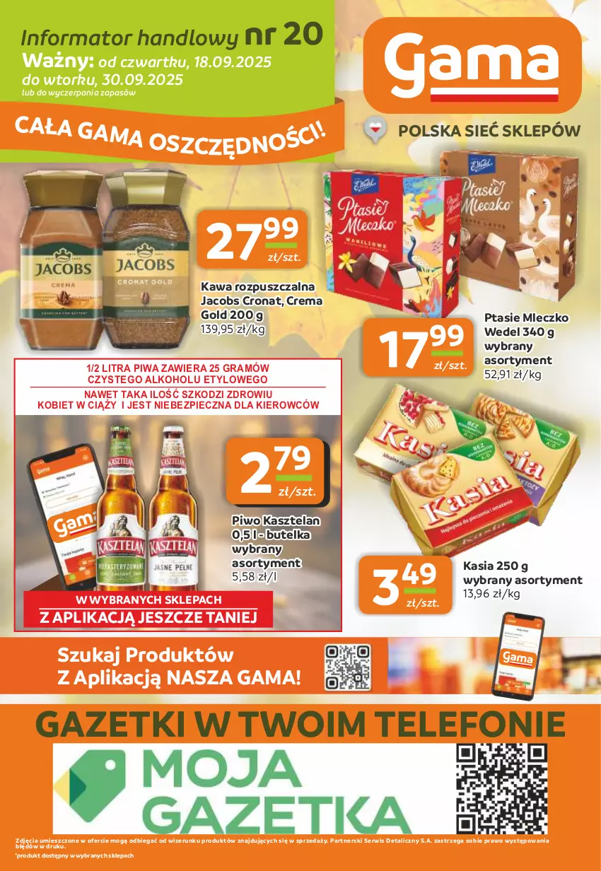 Gazetka promocyjna Gama - Gazetka Gama - ważna 18.09 do 30.09.2025 - strona 12 - produkty: Gra, Jacobs, Kasia, Kasztelan, Kawa, Kawa rozpuszczalna, Mleczko, Piec, Piwa, Piwo, Ptasie mleczko, Ser, Telefon