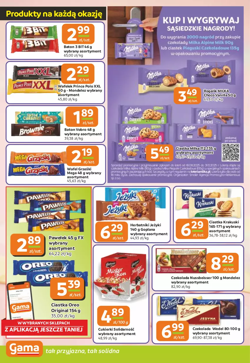 Gazetka promocyjna Gama - Gazetka Gama - ważna 18.09 do 30.09.2025 - strona 4 - produkty: Baton, Ciastka, Cukier, Cukierki, Czekolada, Gin, Goplana, Grześki, Herbatniki, Jeżyki, Krakus, Krakuski, LANA, Milka, Oreo, Prince Polo, Rogal, Ser, Wafelek