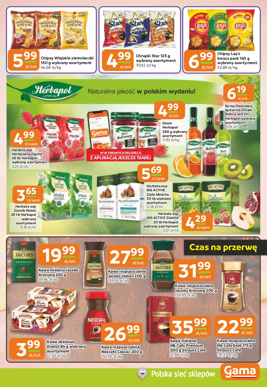 Gazetka promocyjna Gama - Gazetka Gama - ważna 18.09 do 30.09.2025 - strona 5 - produkty: Chipsy, Chrupki, Dżem, Herbapol, Herbata, Jacobs, Jacobs Velvet, Kawa, Kawa mielona, Kawa rozpuszczalna, Kawa zbożowa, Ogród, Syrop, Velvet