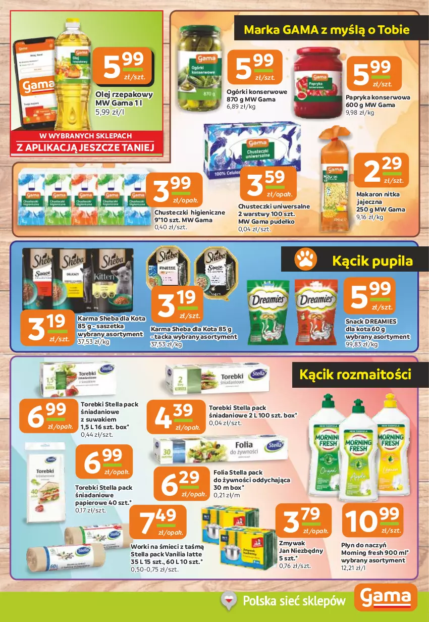 Gazetka promocyjna Gama - Gazetka Gama - ważna 18.09 do 30.09.2025 - strona 9 - produkty: Chusteczki, Danio, Jan Niezbędny, Makaron, Ogórki konserwowe, Olej, Olej rzepakowy, Papier, Papryka, Pudełko, Ser, Sheba, Worki na śmiec, Worki na śmieci