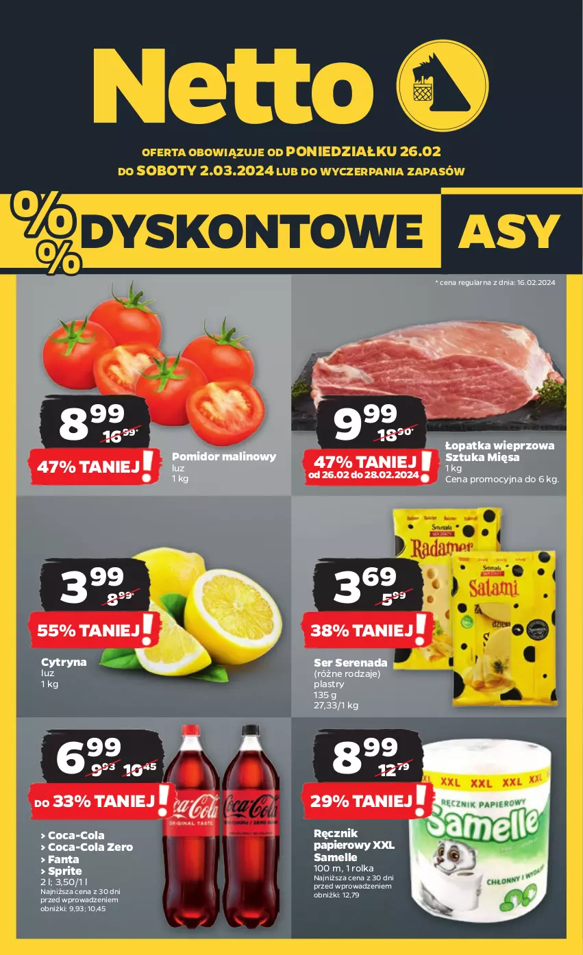 Gazetka promocyjna Netto - Artykuły spożywcze - ważna 26.02 do 02.03.2024 - strona 1 - produkty: Coca-Cola, Fa, Fanta, Papier, Pomidor malinowy, Ręcznik, Ser, Sprite