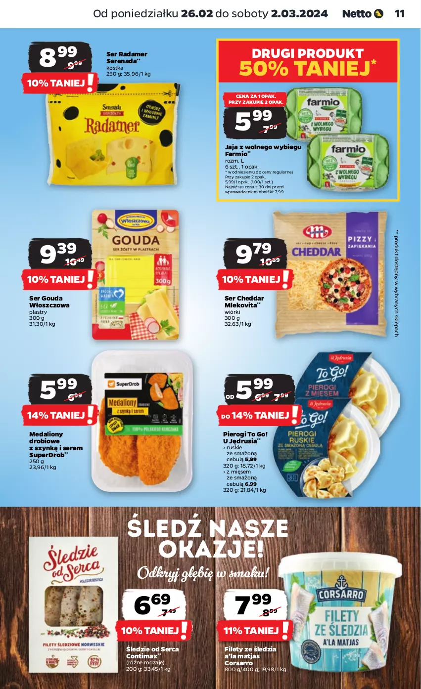 Gazetka promocyjna Netto - Artykuły spożywcze - ważna 26.02 do 02.03.2024 - strona 11 - produkty: Cheddar, Fa, Gouda, Jaja, Jaja z wolnego wybiegu, Lion, Matjas, Mleko, Mlekovita, Pierogi, Radamer, Ser