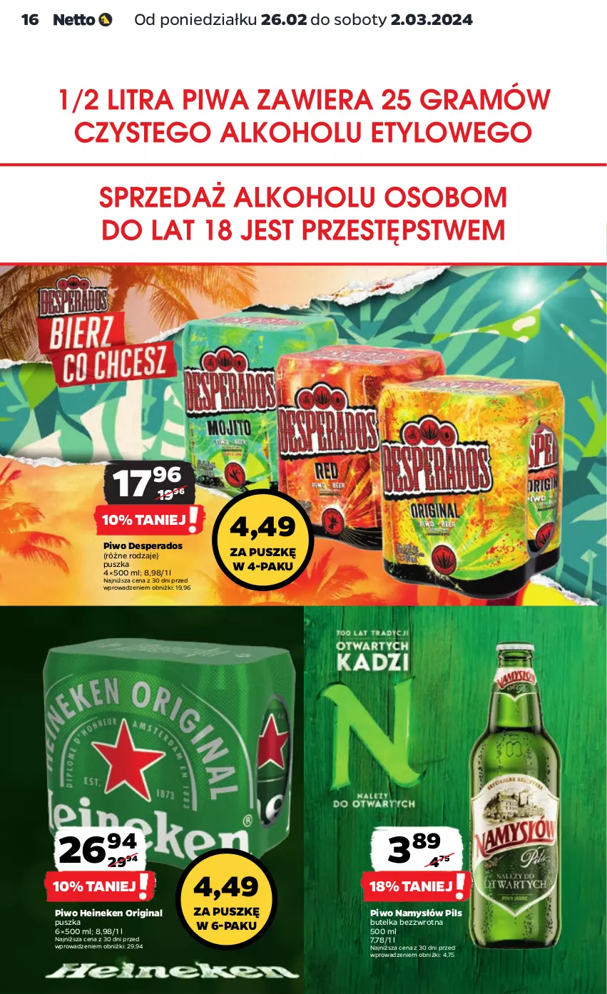 Gazetka promocyjna Netto - Artykuły spożywcze - ważna 26.02 do 02.03.2024 - strona 16 - produkty: Desperados, Gin, Heineken, Namysłów, Piwo