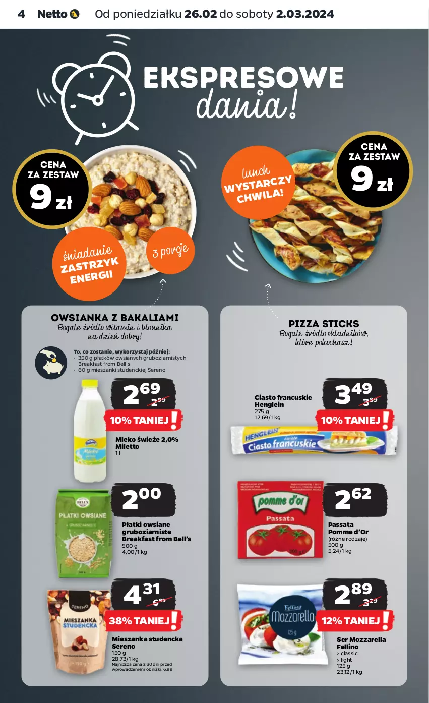 Gazetka promocyjna Netto - Artykuły spożywcze - ważna 26.02 do 02.03.2024 - strona 4 - produkty: Bell, Ciasto francuskie, Fa, Koc, Mieszanka studencka, Mleko, Mozzarella, Owsianka, Pizza, Płatki owsiane, Ser