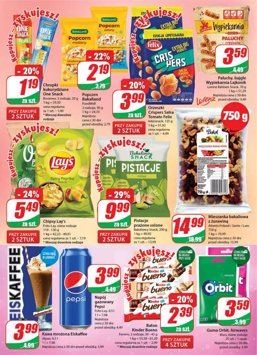 Gazetka promocyjna Dino - Gazetka 37 - ważna 13.09 do 19.09.2023 - strona 16 - produkty: Bajgle, Bakalland, Baton, Chipsy, Chrupki, Felix, Ferrero, Kawa, Kinder, Kinder Bueno, Lajkonik, Lorenz, Mars, Mieszanka bakaliowa, Napój, Napój gazowany, Orbit, Pepsi, Pistacje, Popcorn, Salsa, Sante