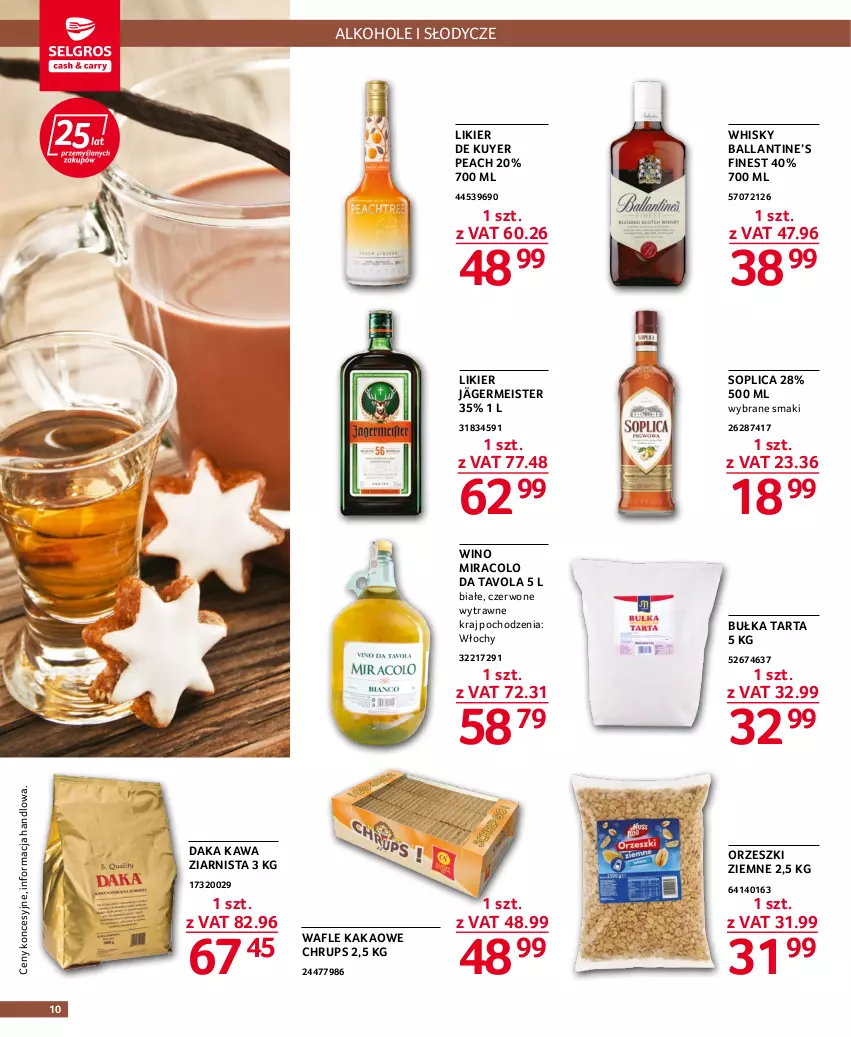 Gazetka promocyjna Selgros - Oferta gastronomiczna - ważna 20.10 do 02.11.2022 - strona 10 - produkty: Alkohole, Bułka, Bułka tarta, Kakao, Kawa, Kawa ziarnista, Likier, Orzeszki, Orzeszki ziemne, Soplica, Tarta, Wafle, Whisky, Wino