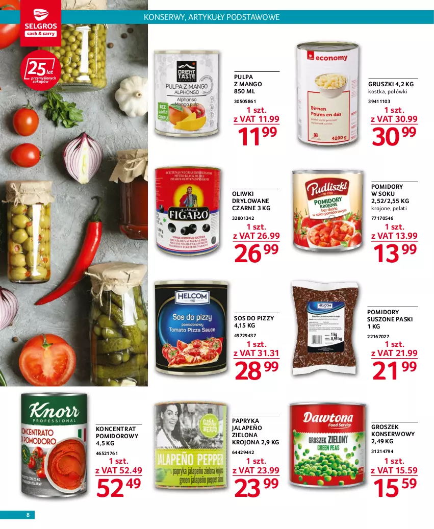 Gazetka promocyjna Selgros - Oferta gastronomiczna - ważna 20.10 do 02.11.2022 - strona 8 - produkty: Groszek, Gruszki, Koncentrat pomidorowy, Mango, Oliwki, Papryka, Papryka jalapeño, Pomidory, Ser, Sok, Sos, Sos do pizzy