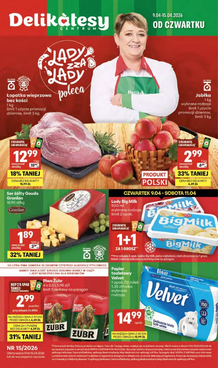 Gazetka promocyjna Delikatesy Centrum - Franczyza DC15 Czwartek - ważna 09.04 do 15.04.2026 - strona 1 - produkty: Big Milk, Dron, Gouda, Gra, Jabłka, Koc, Lion, Lody, Papier, Piec, Piwa, Piwo, Rama, Rum, Ser