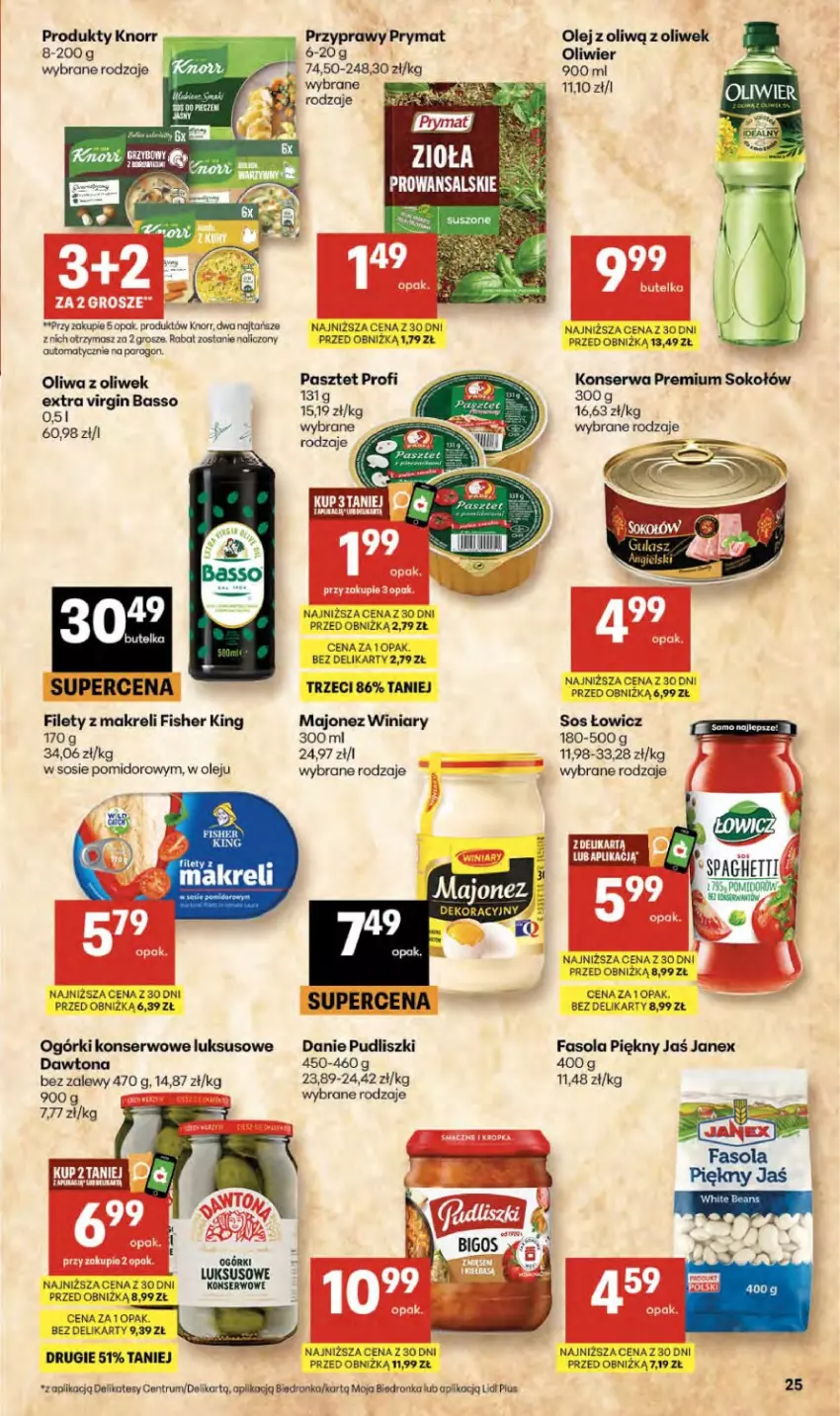 Gazetka promocyjna Delikatesy Centrum - Franczyza DC15 Czwartek - ważna 09.04 do 15.04.2026 - strona 25 - produkty: Dawtona, Dron, Fa, Fasola, Gin, Knorr, Majonez, Ogórki konserwowe, Olej, Oliwa z oliwek, Pasztet, Prymat, Przyprawy, Pudliszki, Rum, Ser, Sok, Sokołów, Sos, Spaghetti, Winiary