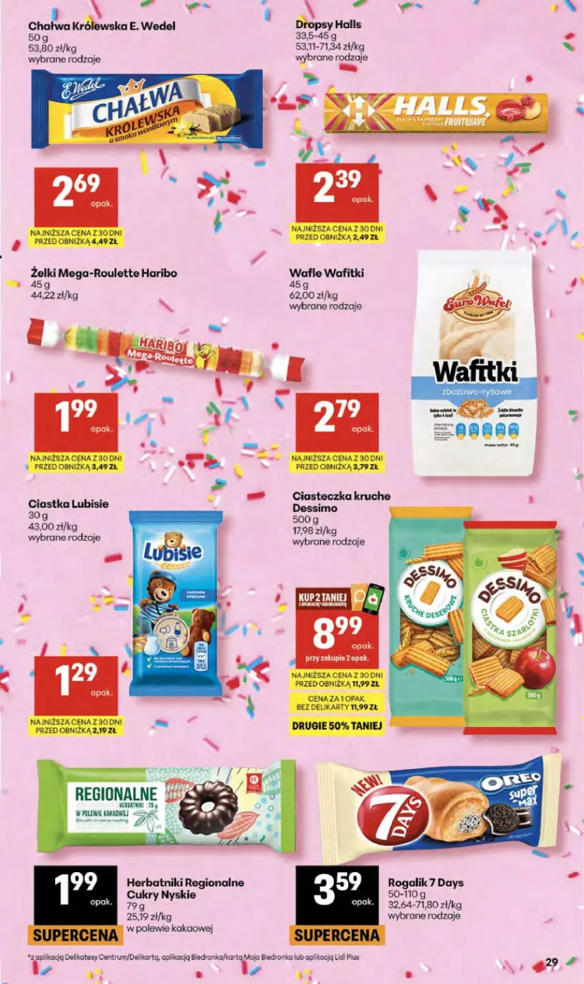 Gazetka promocyjna Delikatesy Centrum - Franczyza DC15 Czwartek - ważna 09.04 do 15.04.2026 - strona 29 - produkty: 7 Days, Dron, E. Wedel, Halls, Haribo, Herbatniki, Kakao, Lubisie, Rogal, Rum