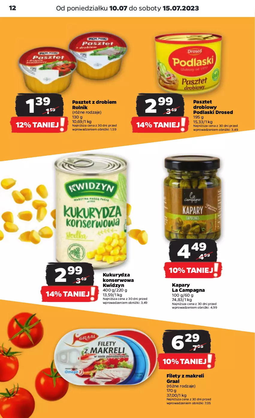 Gazetka promocyjna Netto - Artykuły spożywcze - ważna 10.07 do 15.07.2023 - strona 12 - produkty: Gra, Graal, Kapary, Kukurydza, Kukurydza konserwowa, Pasztet, Podlaski, Rolnik, Ser