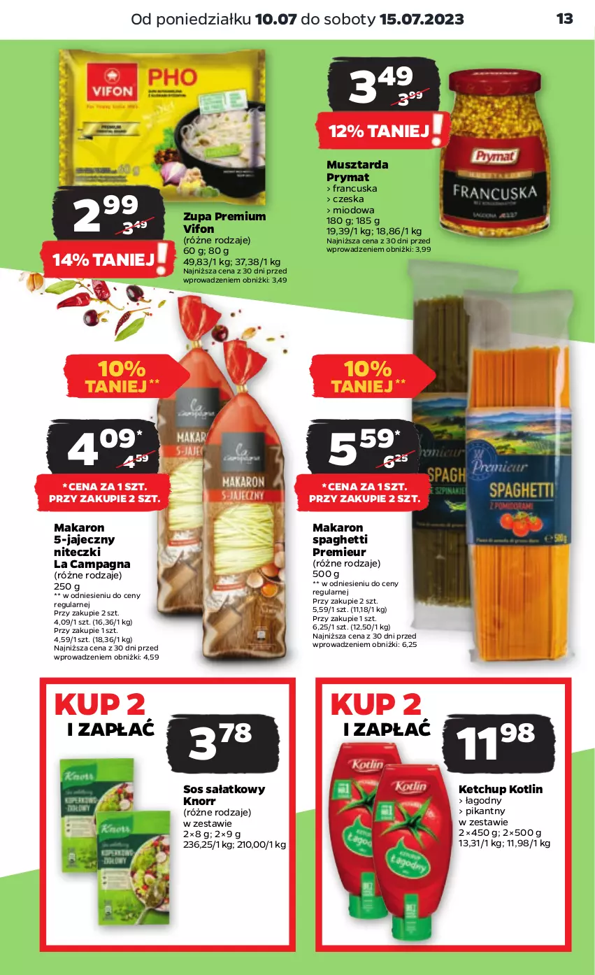 Gazetka promocyjna Netto - Artykuły spożywcze - ważna 10.07 do 15.07.2023 - strona 13 - produkty: Ketchup, Knorr, Kotlin, Makaron, Mus, Musztarda, Prymat, Sałat, Sos, Spaghetti, Zupa