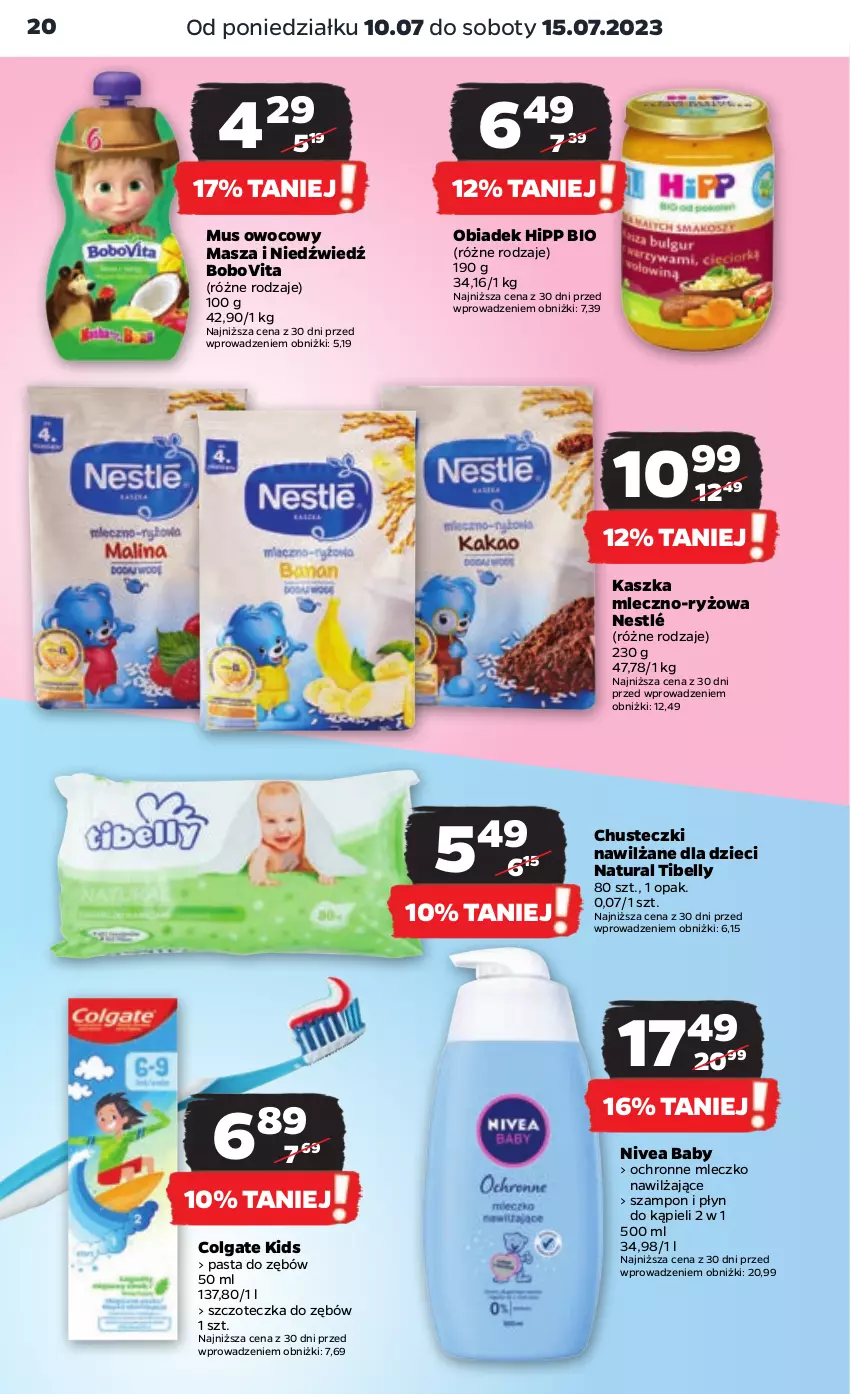 Gazetka promocyjna Netto - Artykuły spożywcze - ważna 10.07 do 15.07.2023 - strona 20 - produkty: Bell, BoboVita, Chusteczki, Colgate, Dzieci, HiPP, Hipp Bio, LG, Masza i Niedźwiedź, Mleczko, Mus, Nestlé, Nivea, Nivea Baby, Pasta do zębów, Płyn do kąpieli, Ryż, Szampon, Szczoteczka, Szczoteczka do zębów