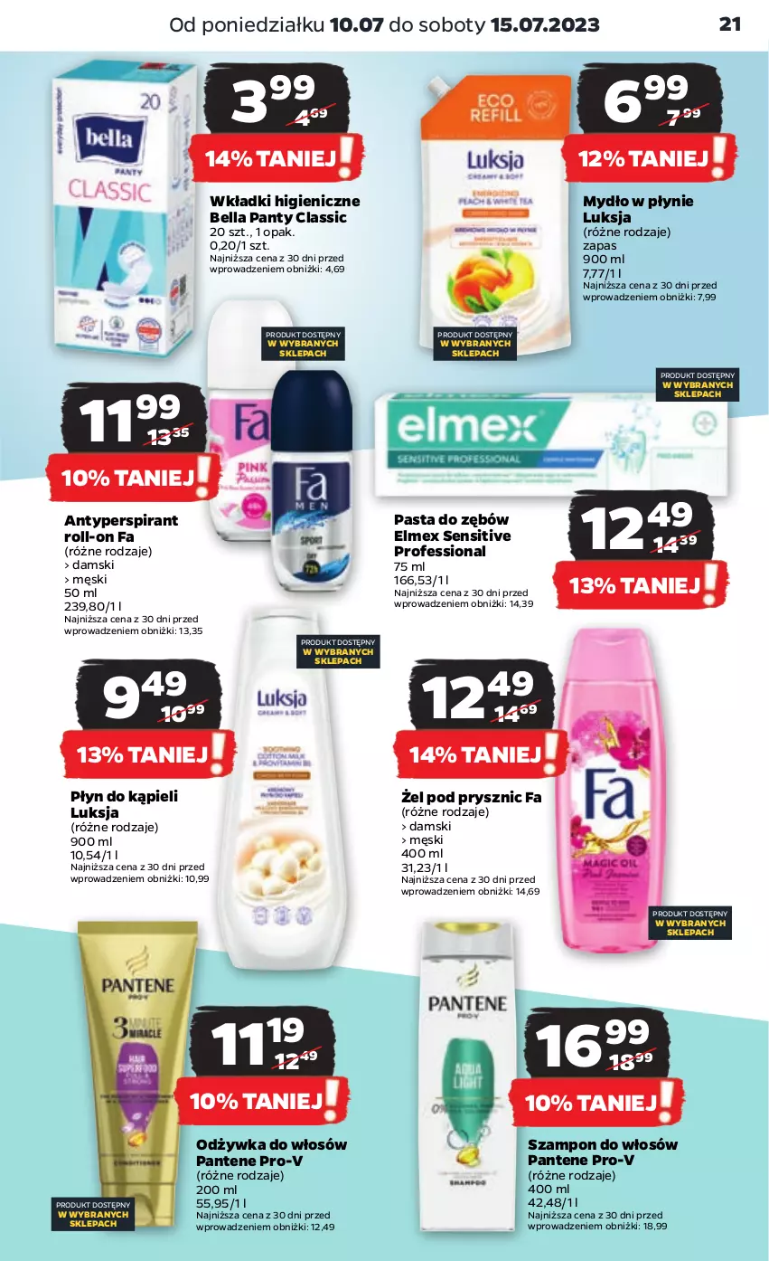 Gazetka promocyjna Netto - Artykuły spożywcze - ważna 10.07 do 15.07.2023 - strona 21 - produkty: Antyperspirant, Bell, Bella, Elmex, Fa, Luksja, Mydło, Mydło w płynie, Odżywka, Pantene, Pasta do zębów, Płyn do kąpieli, Szampon, Wkładki