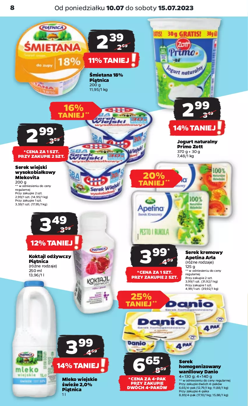 Gazetka promocyjna Netto - Artykuły spożywcze - ważna 10.07 do 15.07.2023 - strona 8 - produkty: Danio, Jogurt, Jogurt naturalny, Mleko, Mlekovita, Piątnica, Ser, Serek, Serek homogenizowany, Serek wiejski, Sok, Zott