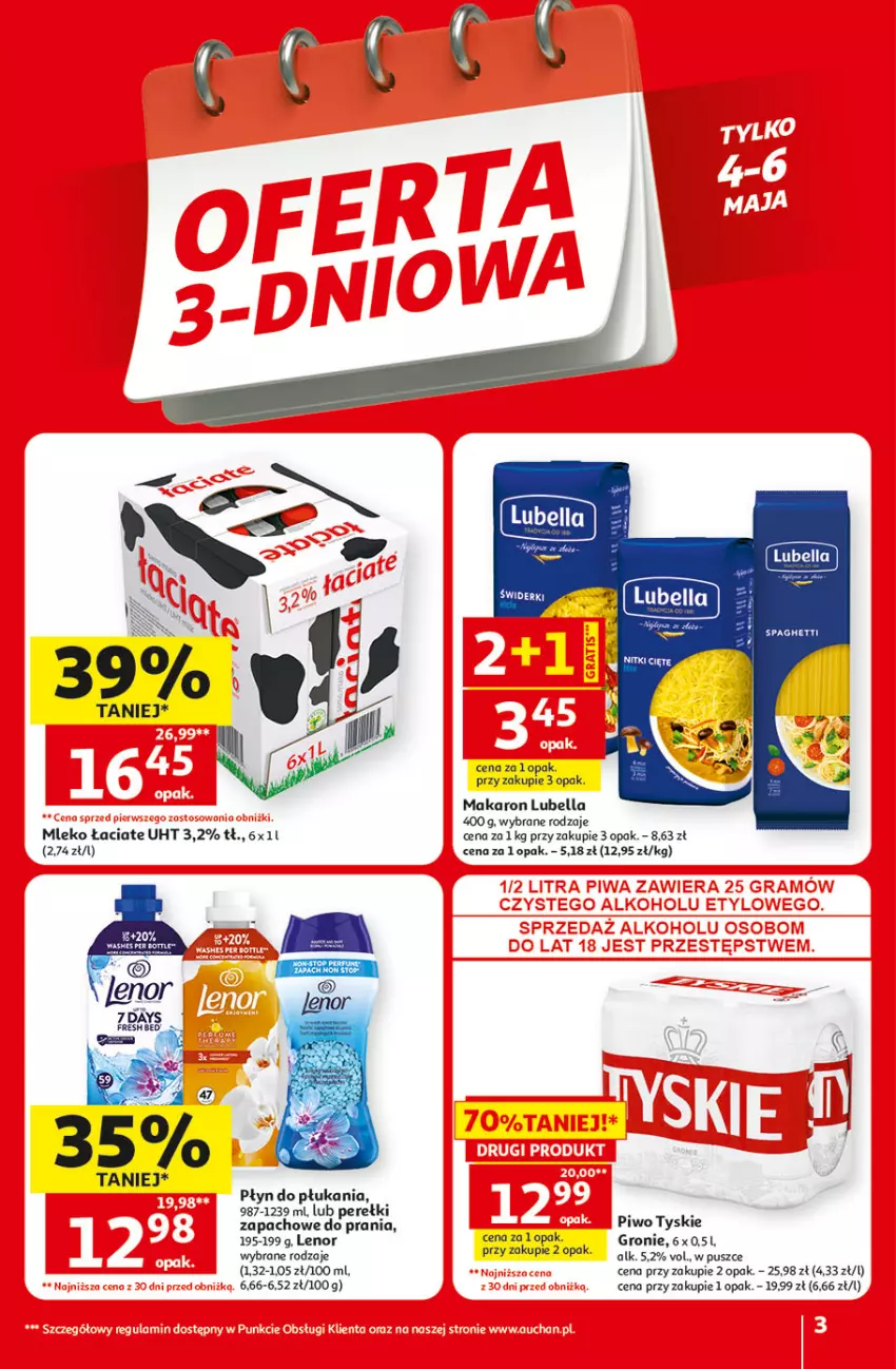 Gazetka promocyjna Auchan - Gazetka 30 Lat Hipermarket Auchan - ważna 29.04 do 06.05.2026 - strona 3 - produkty: Bell, Bella, Lenor, Lubella, Makaron, Mleko, Perfum, Piwo, Płyn do płukania, Spaghetti, Tyskie