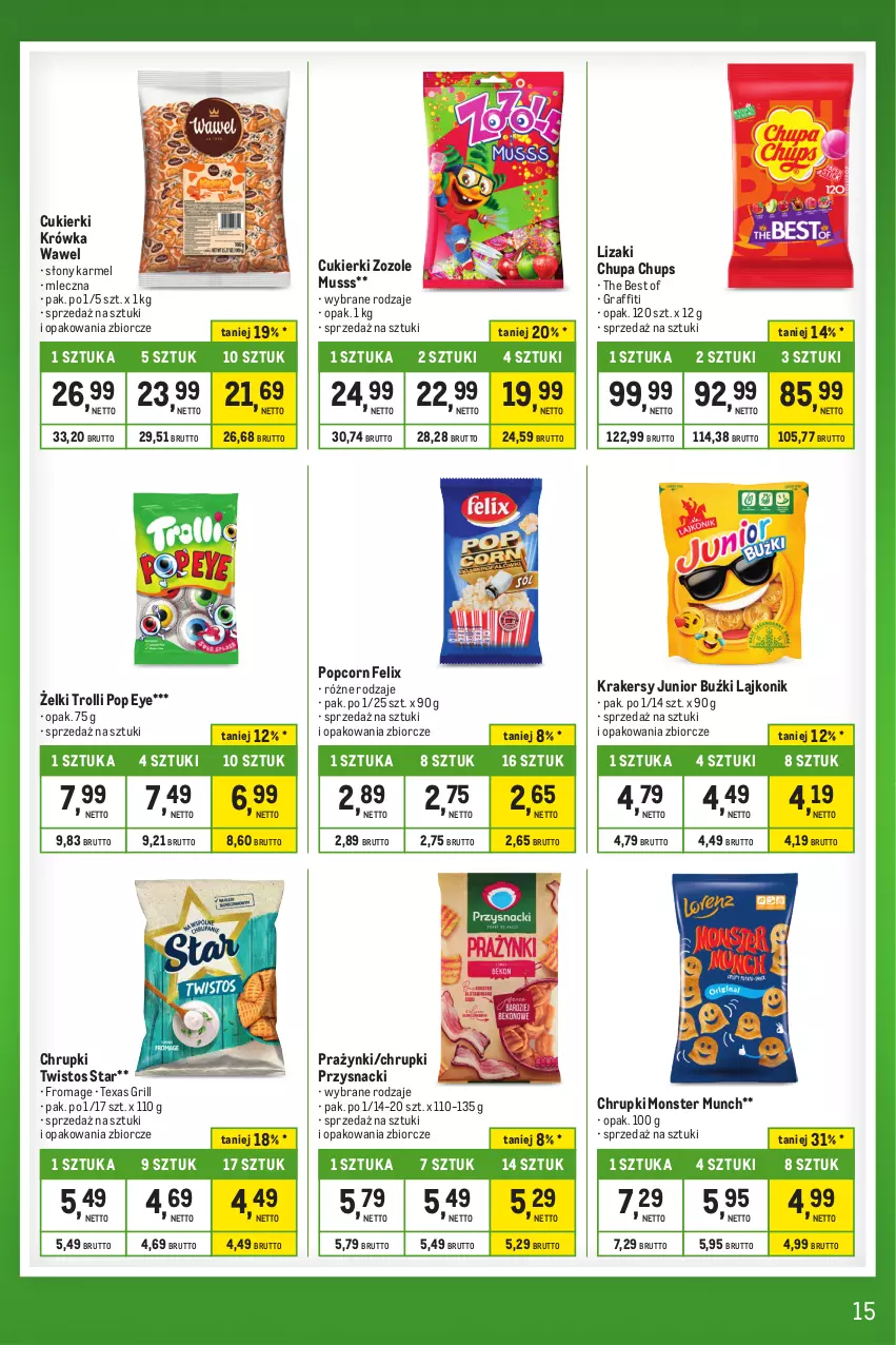 Gazetka promocyjna Makro - Kupujesz więcej płacisz mniej - ważna 01.10 do 31.10.2023 - strona 15 - produkty: Chrupki, Chupa Chups, Cukier, Cukierki, Felix, Gra, Grill, Krakersy, Lajkonik, Lizaki, Monster Munch, Mus, Popcorn, Przysnacki, Wawel