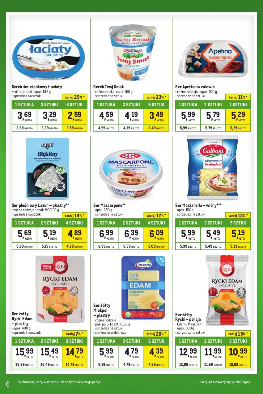 Gazetka promocyjna Makro - Kupujesz więcej płacisz mniej - ważna 01.10 do 31.10.2023 - strona 6 - produkty: Edam, Lazur, Maasdam, Mascarpone, Mozzarella, Por, Rycki Edam, Ser, Ser pleśniowy, Serek, Twój Smak