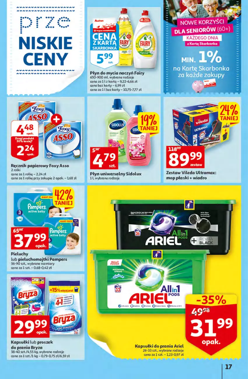 Gazetka promocyjna Auchan - Szkoła oszczędzania Temat PrzeTanie Kupowanie Hipermarkety - ważna 28.07 do 03.08.2022 - strona 17 - produkty: Ariel, Bryza, Do mycia naczyń, Fa, Fairy, Foxy, Kapsułki do prania, Majtki, Mop, Pampers, Papier, Pieluchomajtki, Pieluchy, Płyn do mycia, Płyn do mycia naczyń, Rama, Ręcznik, Rolki, Sidolux, Vileda, Wiadro