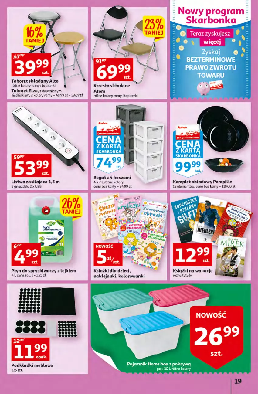 Gazetka promocyjna Auchan - Szkoła oszczędzania Temat PrzeTanie Kupowanie Hipermarkety - ważna 28.07 do 03.08.2022 - strona 19 - produkty: Dzieci, Klej, Kosz, Krzesło, Krzesło składane, Listwa, Obraz, Płyn do spryskiwaczy, Podkład, Pojemnik, Regał, Taboret, Taboret składany