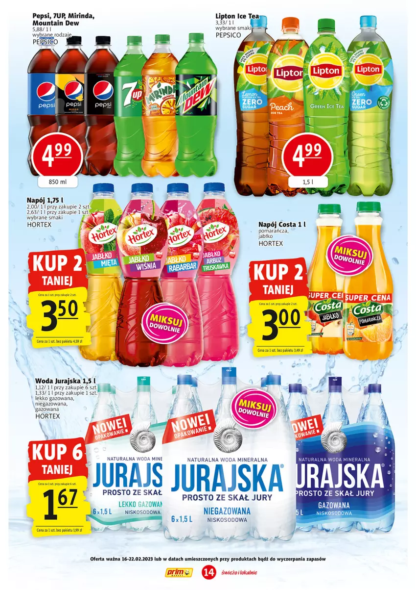 Gazetka promocyjna Prim Market - ważna 16.02 do 22.02.2023 - strona 14 - produkty: 7up, Arbuz, Hortex, Ice tea, Lipton, Mango, Mirinda, Napój, Pepsi, Por, Woda, Woda mineralna