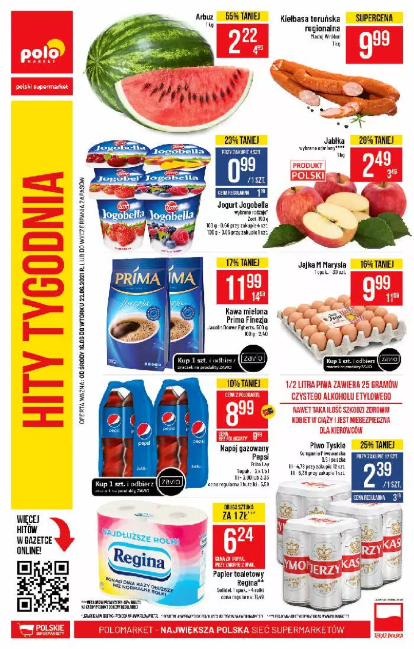 Gazetka promocyjna PoloMarket - Gazetka pomocyjna - ważna 16.06 do 22.06.2021 - strona 52 - produkty: Arbuz, Bell, Bella, Fa, Gin, Gra, Jabłka, Jogobella, Jogurt, Kawa, Kawa mielona, Kiełbasa, LG, Napój, Napój gazowany, Papier, Papier toaletowy, Pepsi, Piwa, Piwo, Prima, Rolki, Tyskie