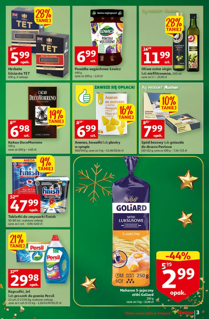 Gazetka promocyjna Auchan - Gazetka Magia Wigilijnego Stołu Moje Auchan - ważna 15.12 do 24.12.2022 - strona 3 - produkty: Acer, Ananas, Deser, Finish, Goliard, Herbata, Kakao, Kawa, Makaron, Persil, Proszek do prania, Ser, Tablet, Tabletki do zmywarki, Zmywarki