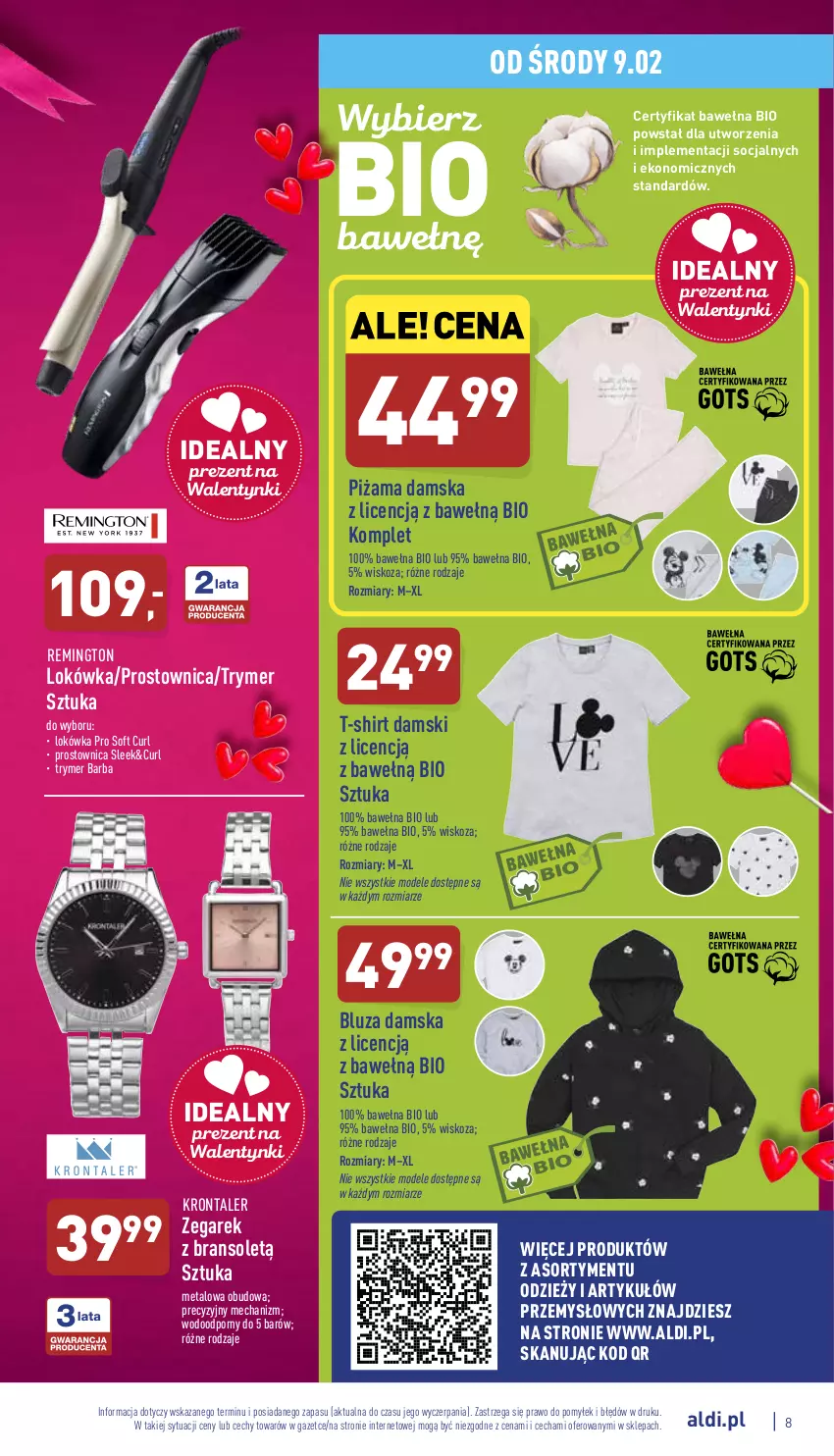 Gazetka promocyjna Aldi - Katalog Moda i Dom - ważna 09.02 do 12.02.2022 - strona 8 - produkty: Bluza, Lokówka, Piżama, Por, Remington, T-shirt, Wełna, Zegar, Zegarek