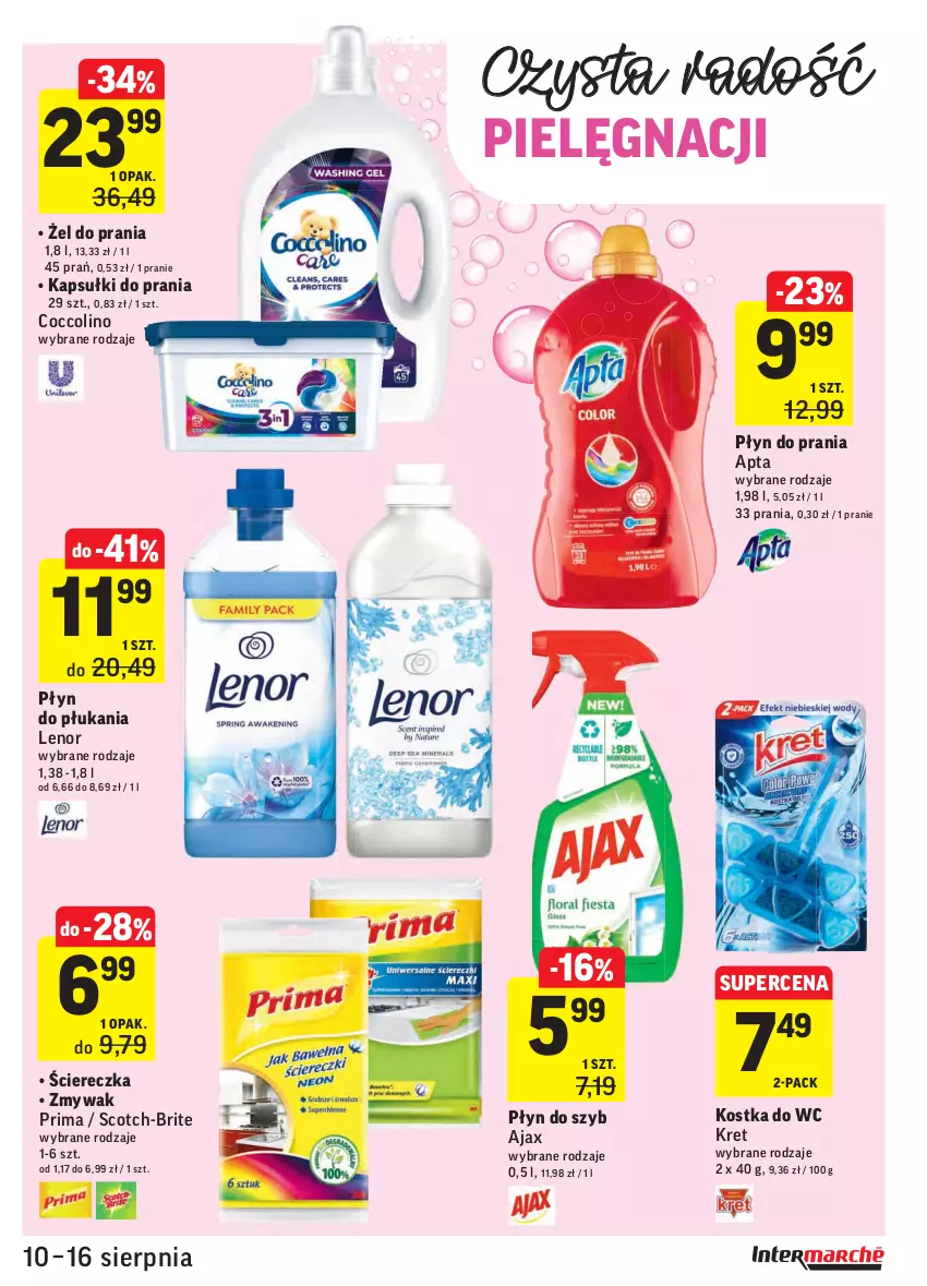 Gazetka promocyjna Intermarche - Gazetka promocyjna - ważna 10.08 do 16.08.2021 - strona 33 - produkty: Ajax, Brit, Coccolino, Kapsułki do prania, Kostka do wc, Kret, Lenor, Płyn do płukania, Płyn do prania, Płyn do szyb, Prima