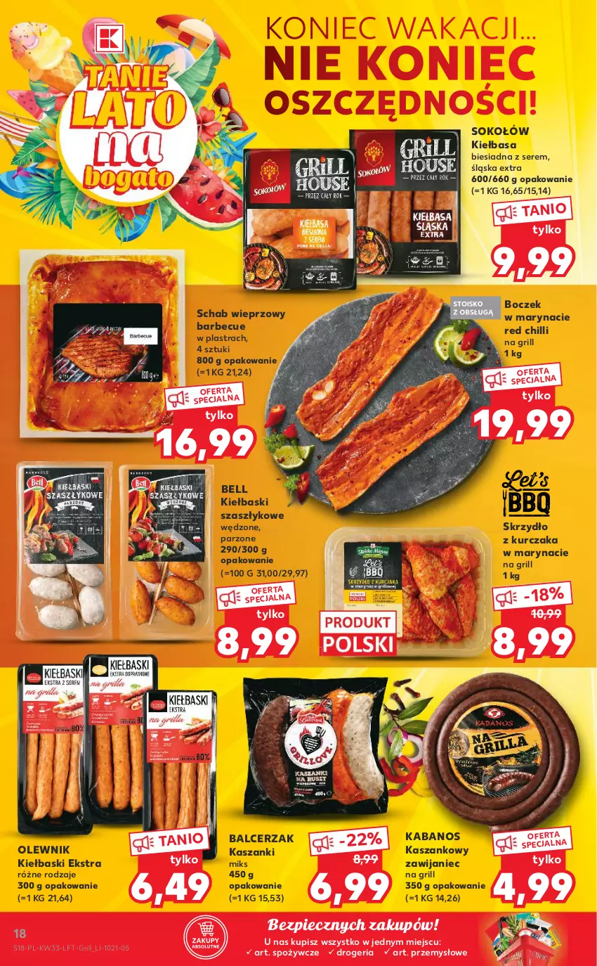 Gazetka promocyjna Kaufland - OFERTA TYGODNIA - ważna 19.08 do 25.08.2021 - strona 18 - produkty: Bell, Boczek, Grill, Kabanos, Kasza, Kiełbasa, Kiełbasa biesiadna, Kurczak, Olewnik, Piec, Schab wieprzowy, Ser, Sok, Sokołów