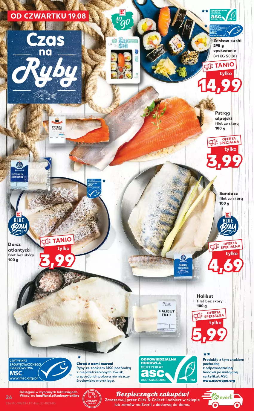 Gazetka promocyjna Kaufland - OFERTA TYGODNIA - ważna 19.08 do 25.08.2021 - strona 26 - produkty: Dorsz, Halibut, Piec, Pstrąg, Sandacz, Sandacz filet, Sushi