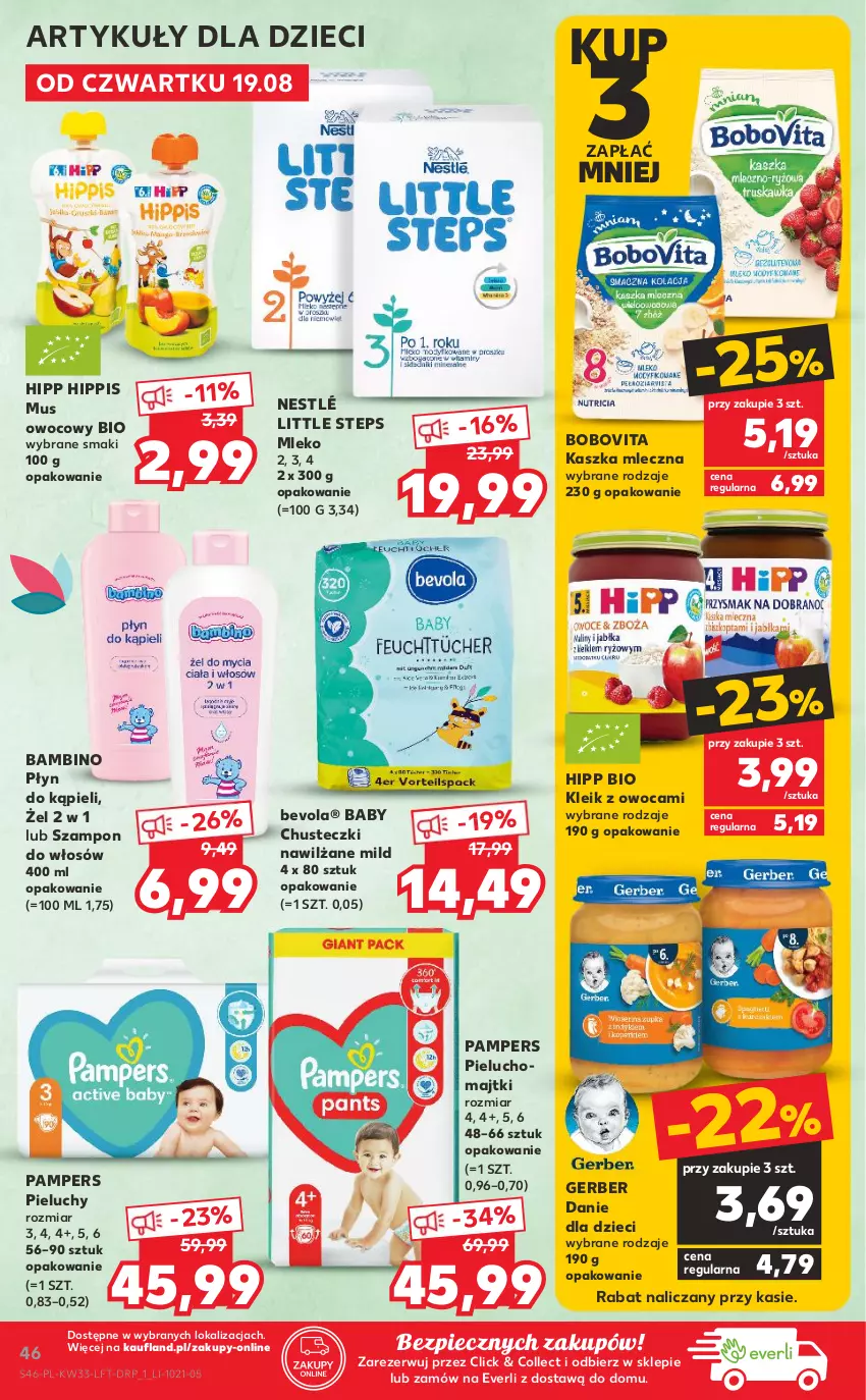 Gazetka promocyjna Kaufland - OFERTA TYGODNIA - ważna 19.08 do 25.08.2021 - strona 46 - produkty: BoboVita, Chusteczki, Danie dla dzieci, Dzieci, Gerber, HiPP, Majtki, Mleko, Mus, Nestlé, Pampers, Piec, Pieluchomajtki, Pieluchy, Płyn do kąpieli, Szampon