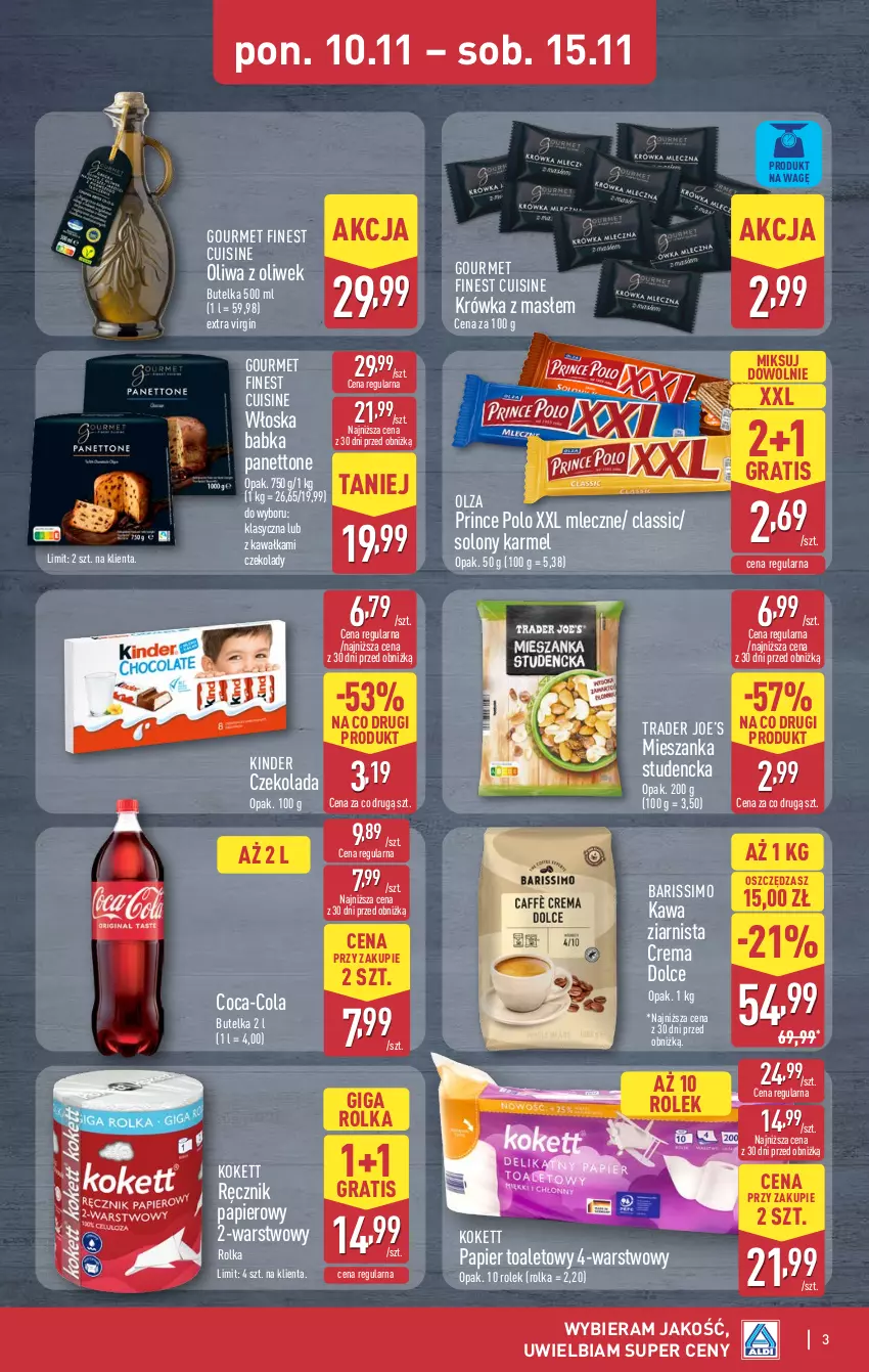 Gazetka promocyjna Aldi - Oferta weekendowa - ważna 13.11 do 15.11.2025 - strona 3 - produkty: Babka, Coca-Cola, Czekolada, Gin, Gra, Kawa, Kawa ziarnista, Kinder, Mieszanka studencka, Oliwa z oliwek, Papier, Papier toaletowy, Prince Polo, Ręcznik