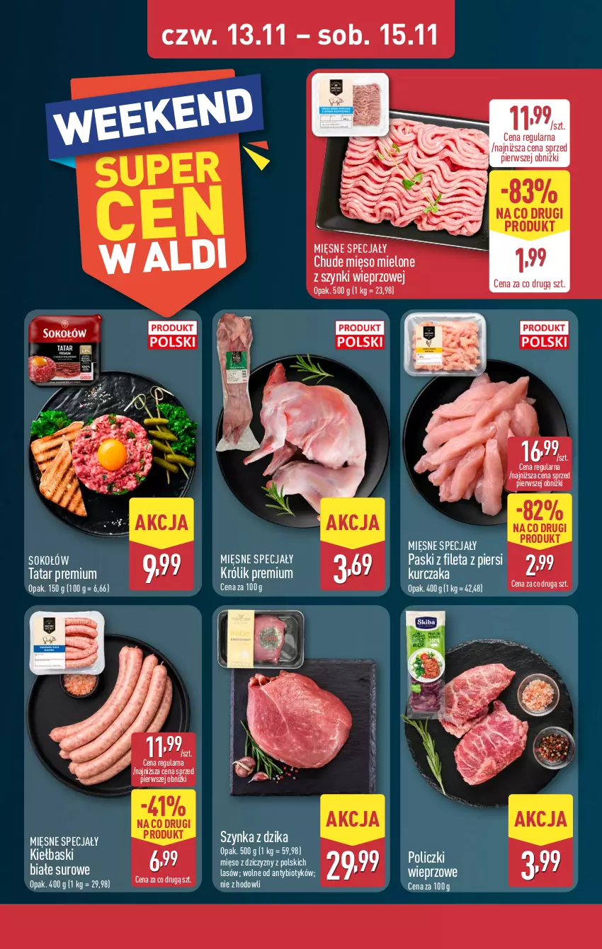 Gazetka promocyjna Aldi - Oferta weekendowa - ważna 13.11 do 15.11.2025 - strona 5 - produkty: Kiełbaski białe, Królik, Kurczak, Mięsne specjały, Mięso, Mięso mielone, Mięso mielone z szynki, Sok, Sokołów, Szynka