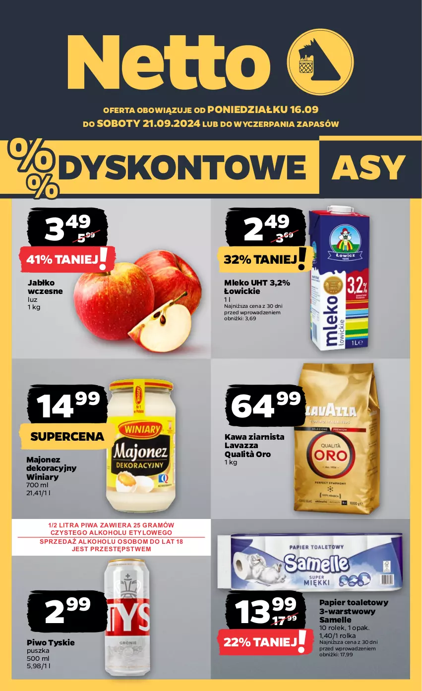 Gazetka promocyjna Netto - Artykuły spożywcze - ważna 16.09 do 21.09.2024 - strona 1 - produkty: Gra, Kawa, Kawa ziarnista, Lavazza, Majonez, Mleko, Papier, Papier toaletowy, Piwa, Piwo, Tyskie, Winiary