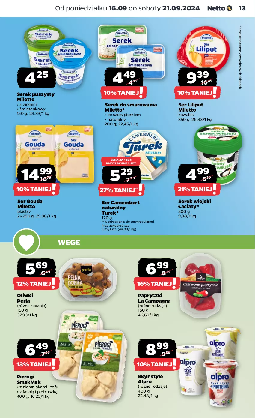 Gazetka promocyjna Netto - Artykuły spożywcze - ważna 16.09 do 21.09.2024 - strona 13 - produkty: Alpro, Camembert, Fa, Gouda, Kawa, Oliwki, Pierogi, Ser, Serek, Serek puszysty, Serek wiejski, Tofu, Wałek