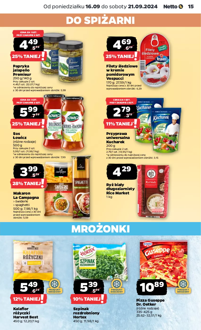 Gazetka promocyjna Netto - Artykuły spożywcze - ważna 16.09 do 21.09.2024 - strona 15 - produkty: Dr. Oetker, Hortex, Kucharek, Makaron, Papryka, Papryka jalapeño, Pizza, Przyprawa uniwersalna, Ryż, Ryż biały, Sos, Spaghetti, Szpinak