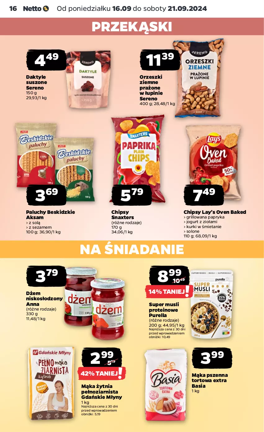 Gazetka promocyjna Netto - Artykuły spożywcze - ważna 16.09 do 21.09.2024 - strona 16 - produkty: Aksam, Basia, Beskidzki, Chipsy, Daktyle, Dżem, Grill, Jogurt, Lay’s, Mąka, Mąka pszenna, Mus, Orzeszki, Orzeszki ziemne, Papryka, Pur, Ser, Sezam