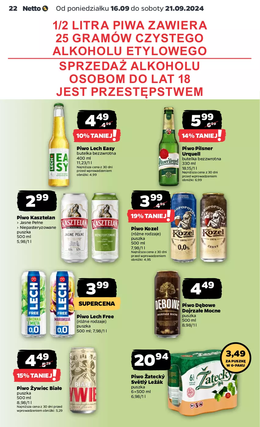 Gazetka promocyjna Netto - Artykuły spożywcze - ważna 16.09 do 21.09.2024 - strona 22 - produkty: Gra, Kasztelan, Kozel, Pilsner Urquell, Piwa, Piwo