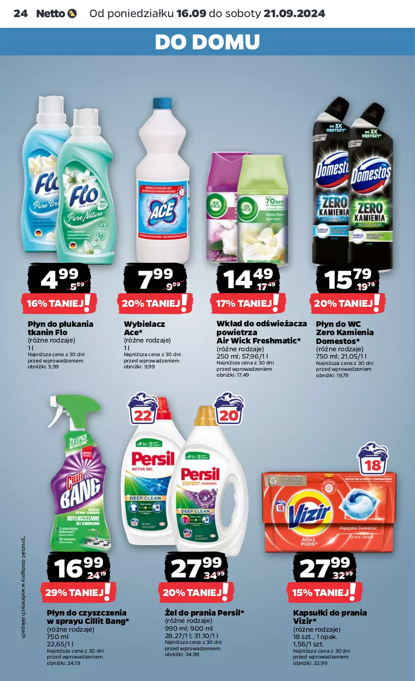 Gazetka promocyjna Netto - Artykuły spożywcze - ważna 16.09 do 21.09.2024 - strona 24 - produkty: Air Wick, Cillit Bang, Domestos, Kapsułki do prania, Persil, Płyn do płukania, Płyn do wc, Vizir