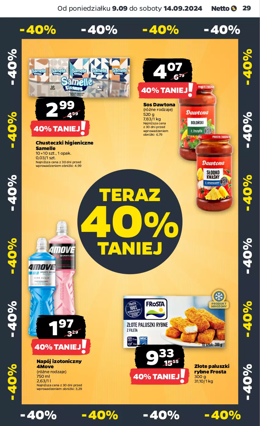 Gazetka promocyjna Netto - Artykuły spożywcze - ważna 16.09 do 21.09.2024 - strona 29 - produkty: Chusteczki, Dawtona, Frosta, Napój, Napój izotoniczny, Paluszki rybne, Sos, Tera