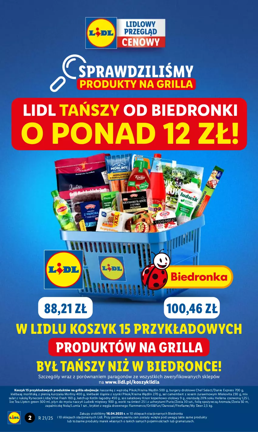 Gazetka promocyjna Lidl - GAZETKA - ważna 19.05 do 21.05.2025 - strona 2 - produkty: Burger, Camembert, Do mycia naczyń, Dron, Gra, Grill, Hellena, Ice tea, Kasza, Ketchup, Kiełbaski śląskie, Knorr, Kosz, Kotlin, Kurczak, Lipton, Ludwik, Mleko, Mlekovita, Morliny, PIKOK, Płyn do mycia, Płyn do mycia naczyń, Por, Pur, Rama, Sałat, Ser, Sok, Sos, Wino, Worki na śmiec, Worki na śmieci