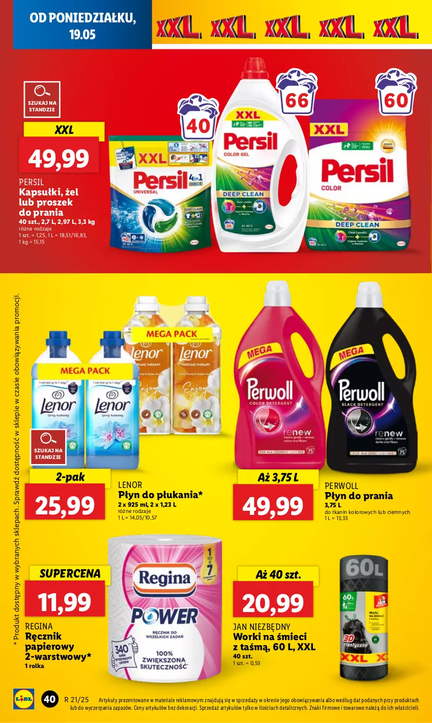 Gazetka promocyjna Lidl - GAZETKA - ważna 19.05 do 21.05.2025 - strona 44 - produkty: Gin, Jan Niezbędny, Lenor, Papier, Persil, Perwoll, Płyn do płukania, Płyn do prania, Proszek do prania, Ręcznik, Worki na śmiec, Worki na śmieci