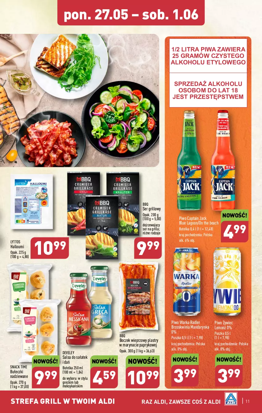 Gazetka promocyjna Aldi - Pełna oferta - ważna 27.05 do 01.06.2024 - strona 11 - produkty: Boczek, Boczek wieprzowy, Bułeczki, Captain Jack, Fa, Gra, Grill, Piwa, Piwo, Radler, Sałat, Salsa, Ser, Warka