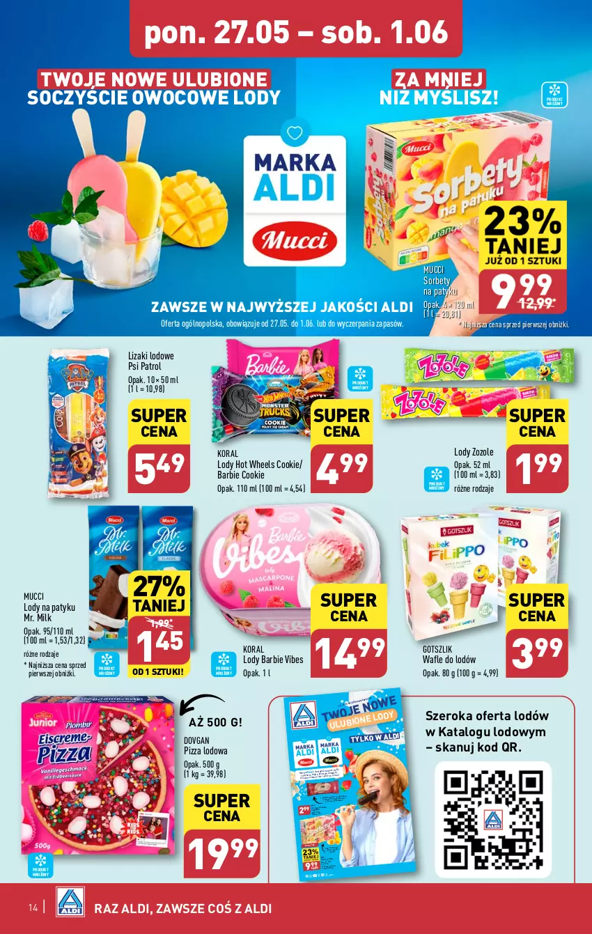 Gazetka promocyjna Aldi - Pełna oferta - ważna 27.05 do 01.06.2024 - strona 14 - produkty: Barbie, Hot Wheels, Lizaki, Lody, Maliny, Mango, Pizza, Psi Patrol, Sati, Wafle, Wafle do lodów