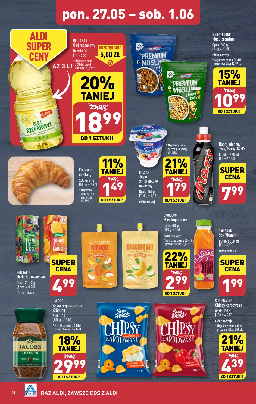 Gazetka promocyjna Aldi - Pełna oferta - ważna 27.05 do 01.06.2024 - strona 20 - produkty: Bell, Bella, Chipsy, Croissant, Herbapol, Jacobs, Jogurt, Kawa, Kawa rozpuszczalna, Mars, Mus, Napój, Napój mleczny, Olej, Olej rzepakowy, Sok, Twix, Tymbark